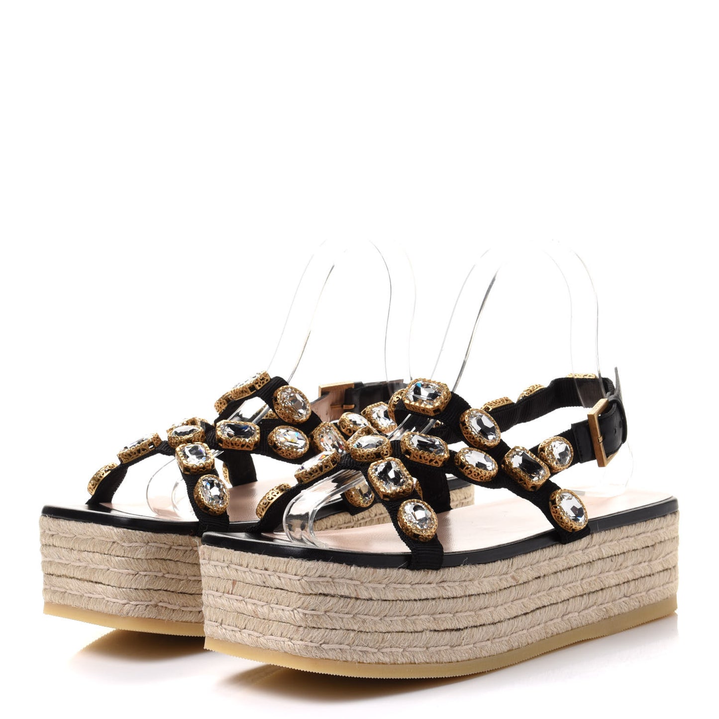 Grosgrain Crystal Perta Espadrille Platform Sandals 38.5 Black