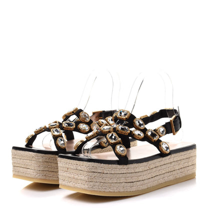 Gucci Grosgrain Crystal Perta Espadrille Platform Sandals 38.5 Black 3 of 9