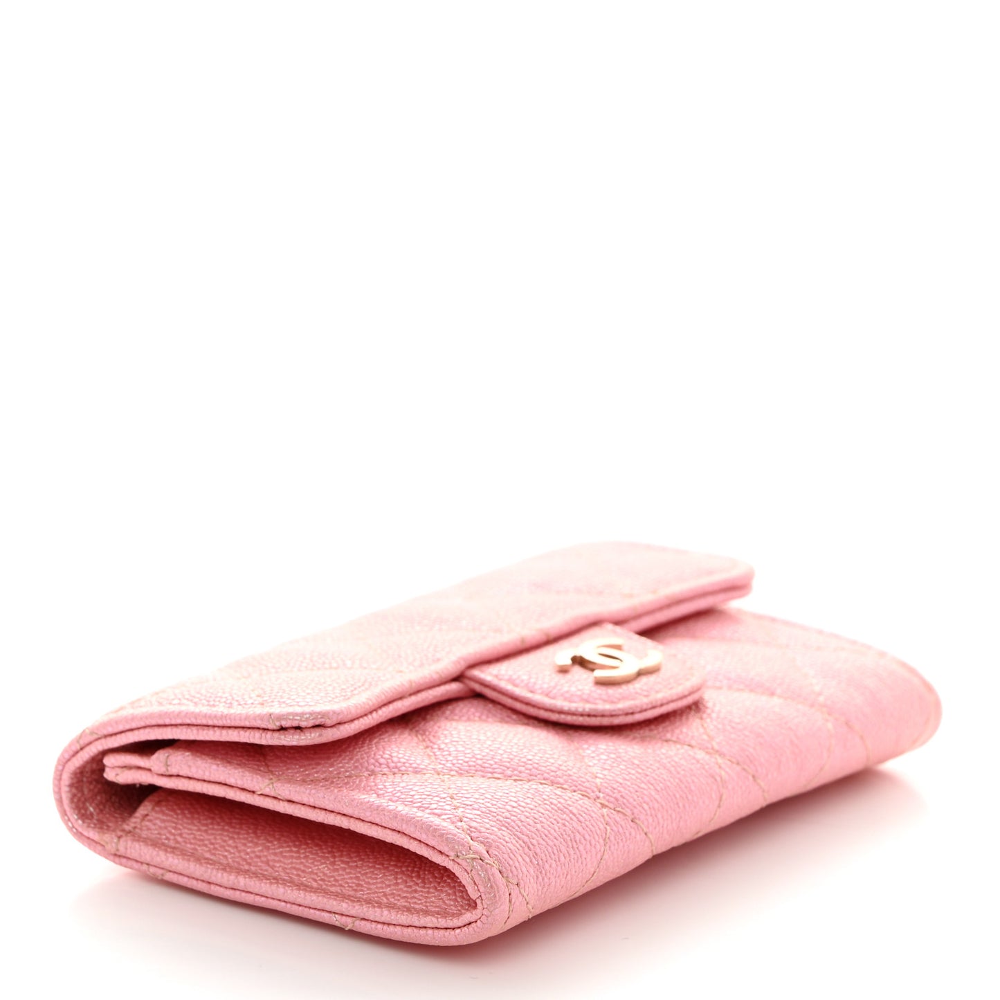 Iridescent Caviar Quilted Flap Card Holder Rose Pink