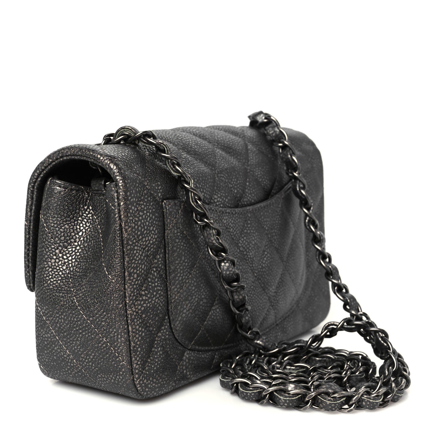 Metallic Caviar Quilted Mini Rectangular Flap Dark Silver