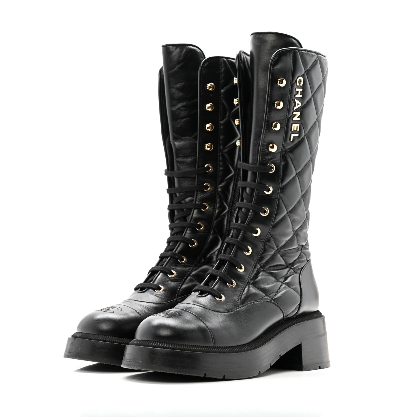 Calfskin Quilted Logo Lace Up Tall Combat Boots 37.5 Black