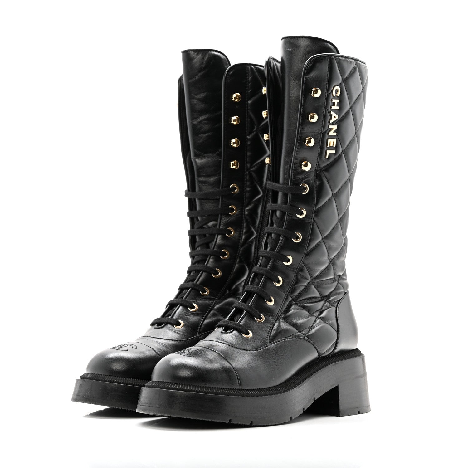 Chanel Calfskin Quilted Logo Lace Up Tall Combat Boots 37.5 Black 4 of 14