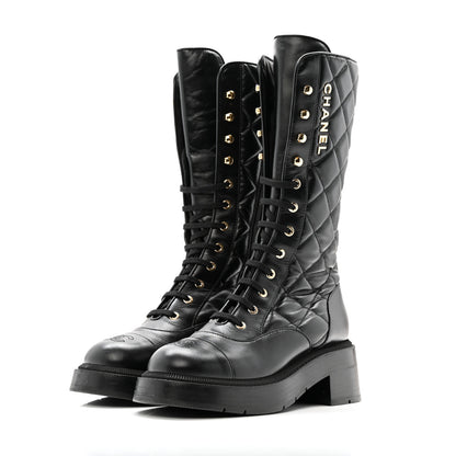 Chanel Calfskin Quilted Logo Lace Up Tall Combat Boots 37.5 Black 4 of 14
