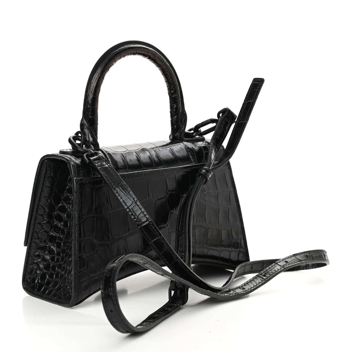 Shiny Calfskin Monochrome Crocodile Embossed Hourglass Top Handle Bag XS Black