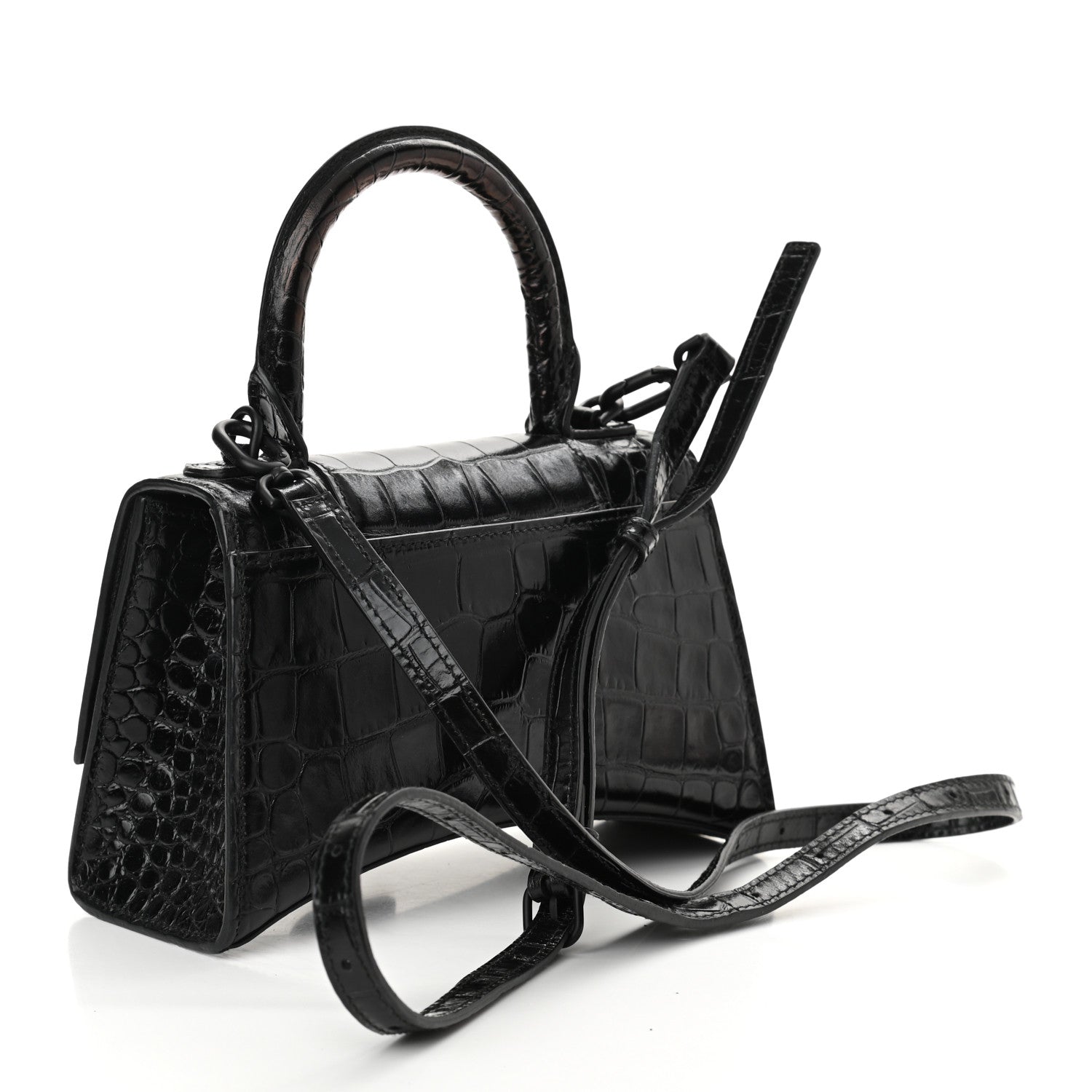 Balenciaga Shiny Calfskin Monochrome Crocodile Embossed Hourglass Top Handle Bag XS Black 3 of 9