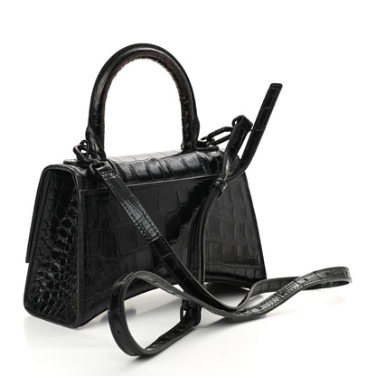 Balenciaga Shiny Calfskin Monochrome Crocodile Embossed Hourglass Top Handle Bag XS Black 3 of 9
