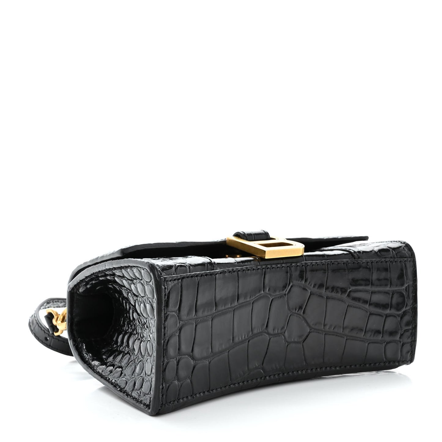 Shiny Calfskin Crocodile Embossed Hourglass Top Handle Bag XS Black