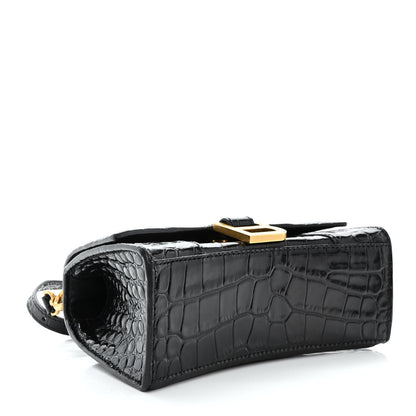 Balenciaga Shiny Calfskin Crocodile Embossed Hourglass Top Handle Bag XS Black 4 of 11