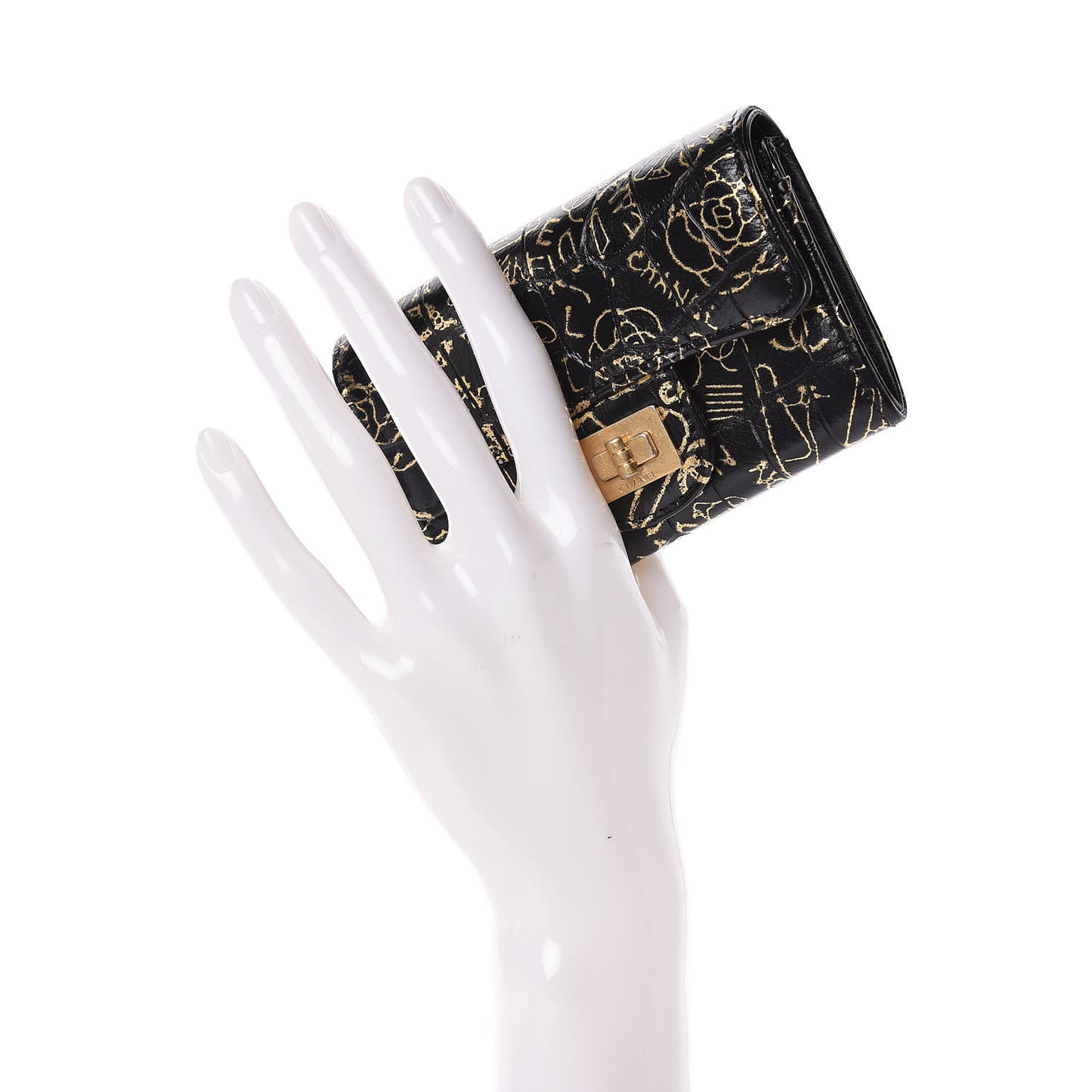 Calfskin Crocodile Embossed Graffiti 2.55 Cocodile Reissue Flap Card Holder Black Gold