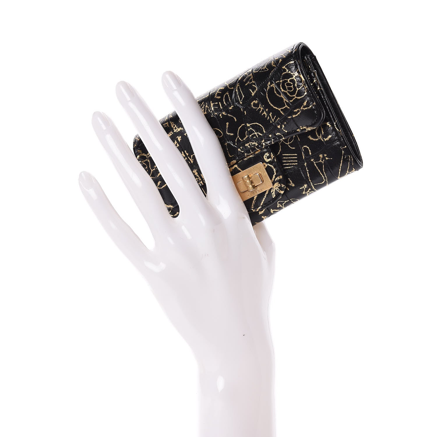 Chanel Calfskin Crocodile Embossed Graffiti 2.55 Cocodile Reissue Flap Card Holder Black Gold 2 of 9