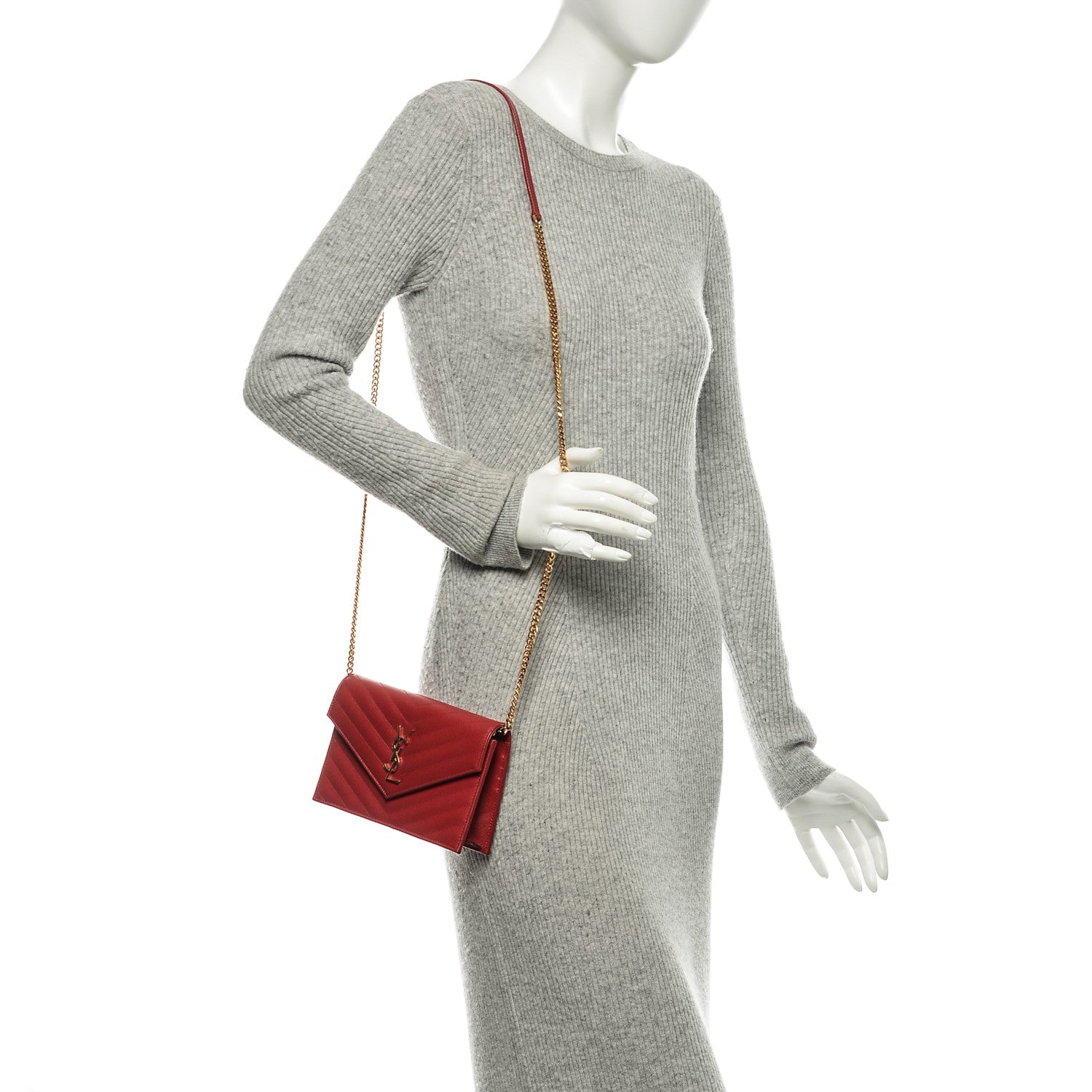 Saint Laurent Grain De Poudre Matelasse Chevron Monogram Envelope Chain Wallet New Red 2 of 7