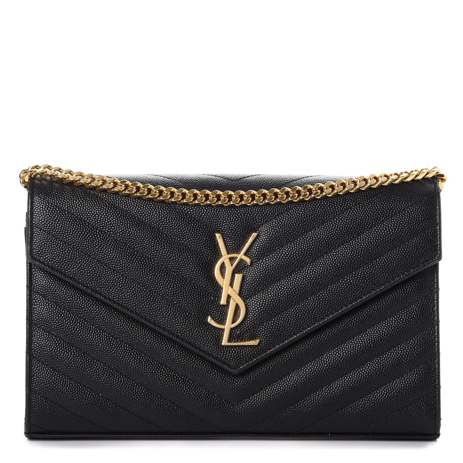 Saint Laurent Grain De Poudre Matelasse Chevron Monogram Chain Wallet Black 1 of 7