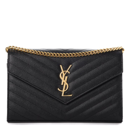 Saint Laurent Grain De Poudre Matelasse Chevron Monogram Chain Wallet Black 1 of 7
