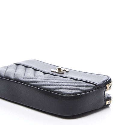 Chanel Metallic Sheepskin Chevron Quilted Small Vintage Mademoiselle Clutch With Chain Black 8 of 13