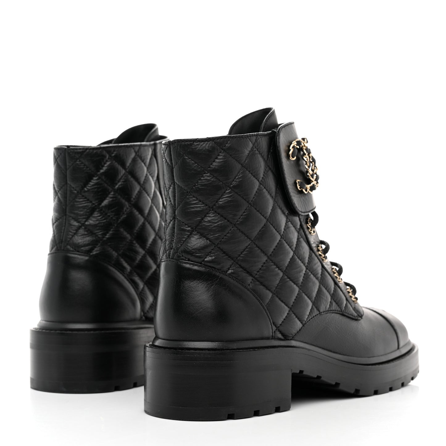 Shiny Goatskin Calfskin Quilted Lace Up Combat Boots 39 Black