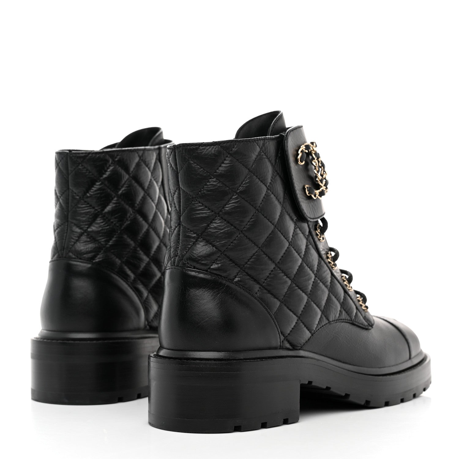 Chanel Shiny Goatskin Calfskin Quilted Lace Up Combat Boots 39 Black 4 of 9