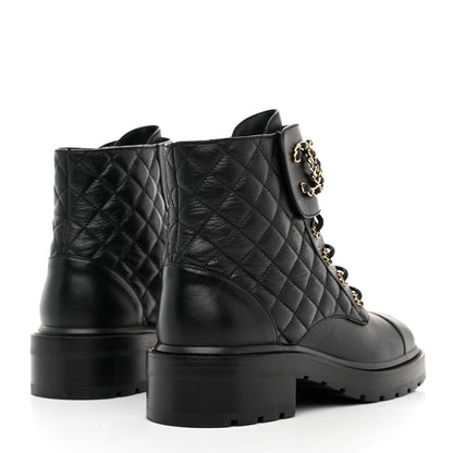Chanel Shiny Goatskin Calfskin Quilted Lace Up Combat Boots 39 Black 4 of 9