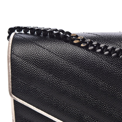 Saint Laurent Grain De Poudre Matelasse Chevron Monogram Chain Wallet Black White 16 of 16