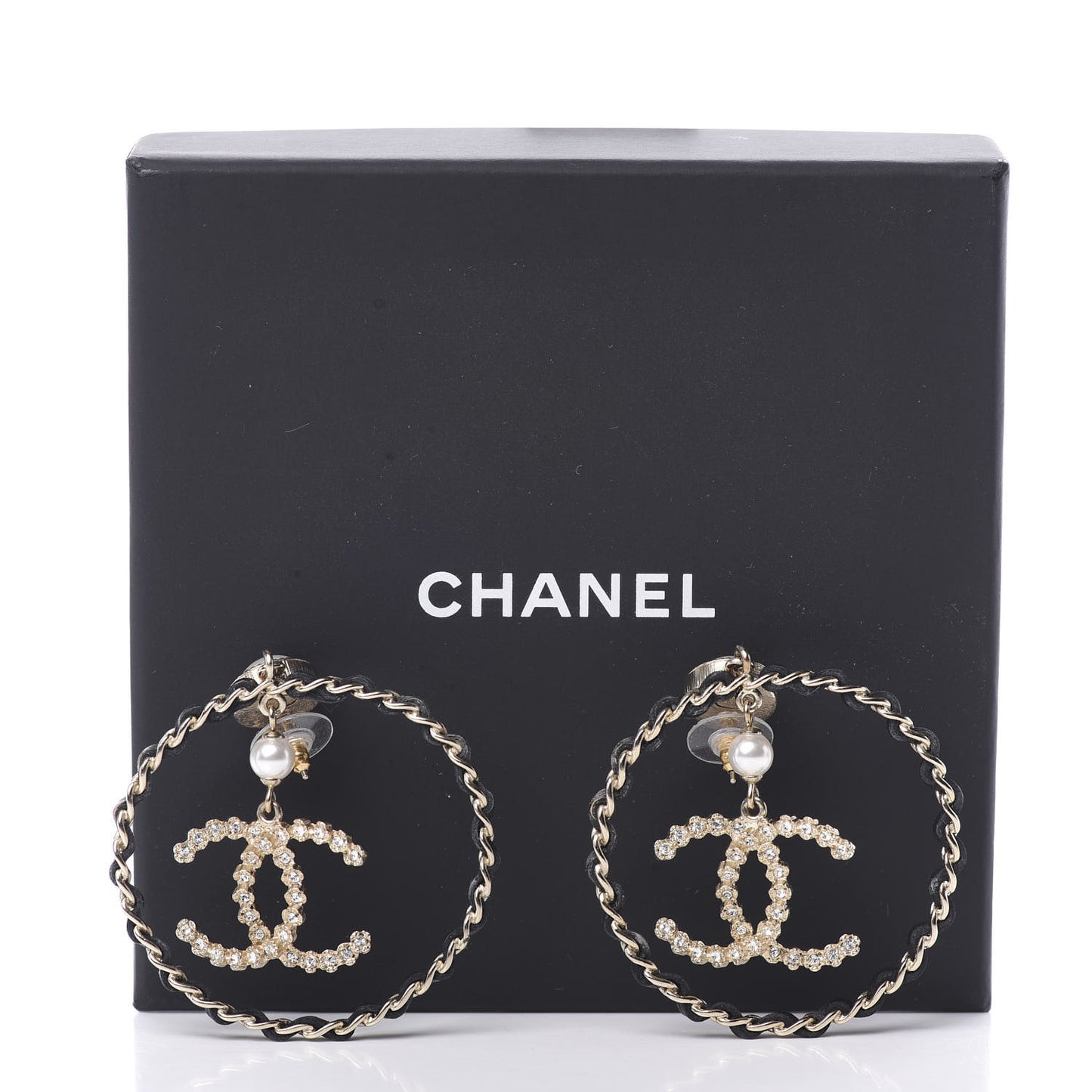 Lambskin Crystal Pearl CC Chain Hoop Earrings Gold Black