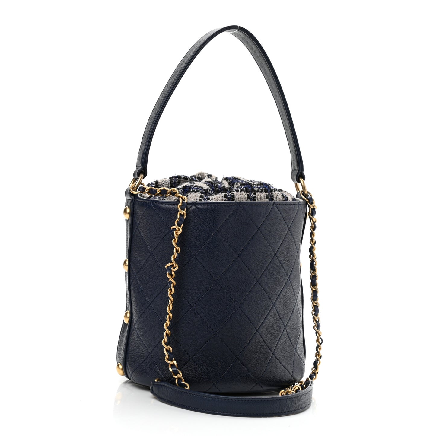 Calfskin Tweed Medium CC Chain Bucket Drawstring Bag Navy Blue Multicolor