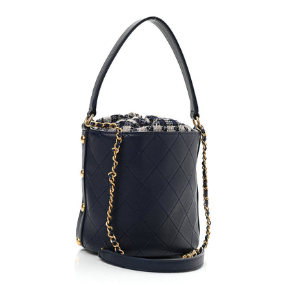 Chanel Calfskin Tweed Medium CC Chain Bucket Drawstring Bag Navy Blue Multicolor 3 of 10