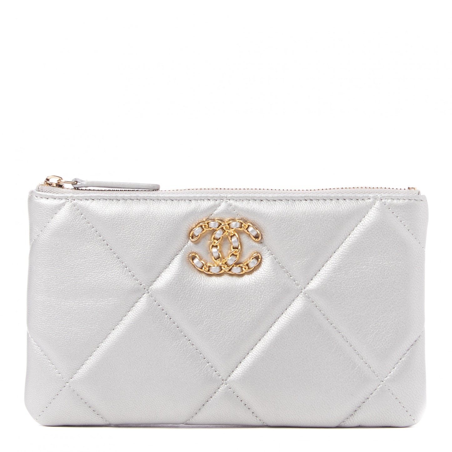 Shiny Goatskin Quilted Small Chanel 19 Pouch Silver
