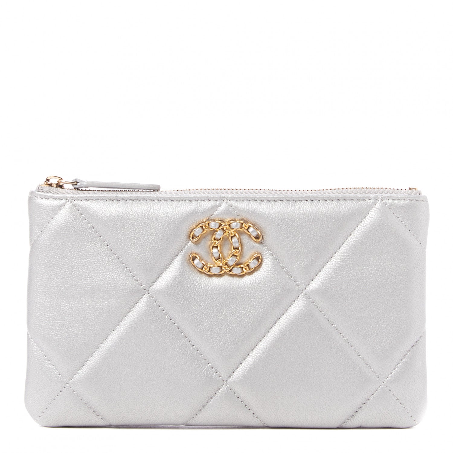 Chanel Shiny Goatskin Quilted Small Chanel 19 Pouch Silver 1 of 9