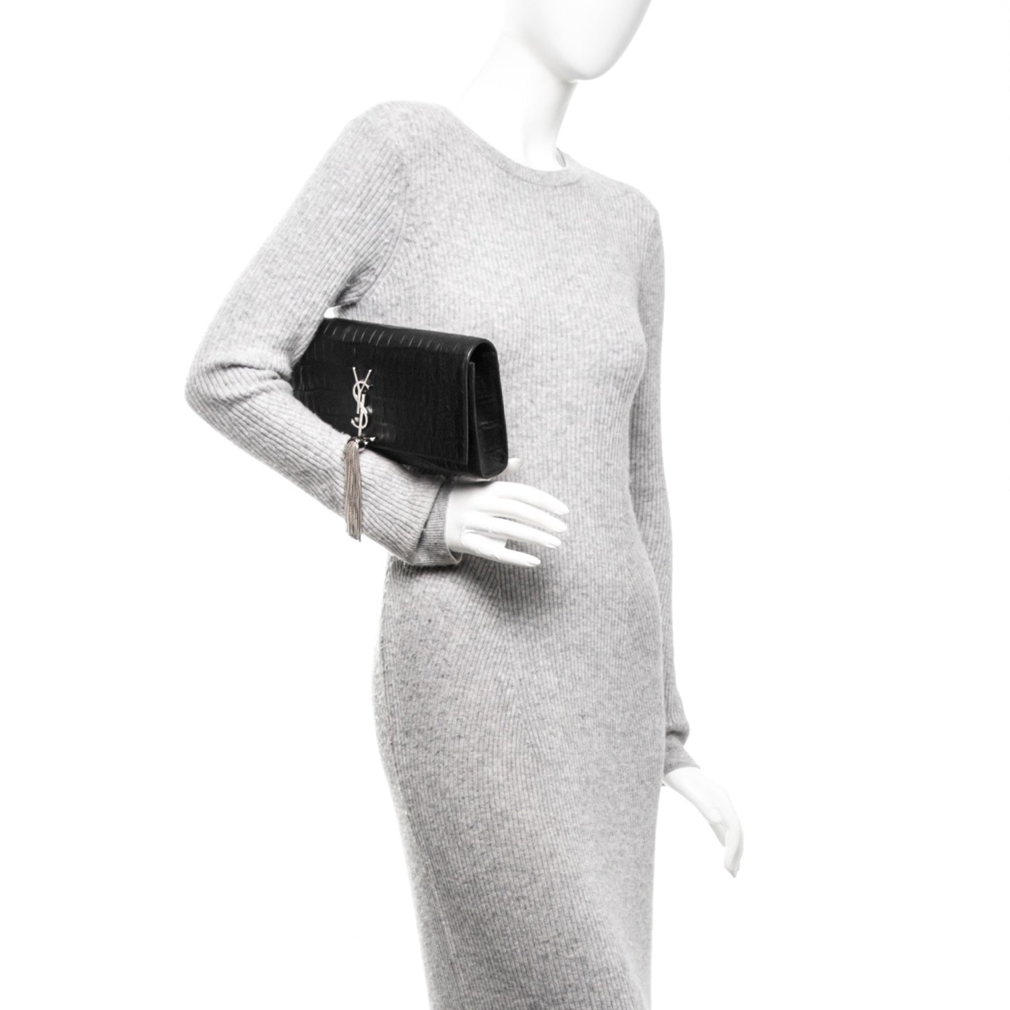 Calfskin Crocodile Embossed Classic Monogram Tassel Clutch Black