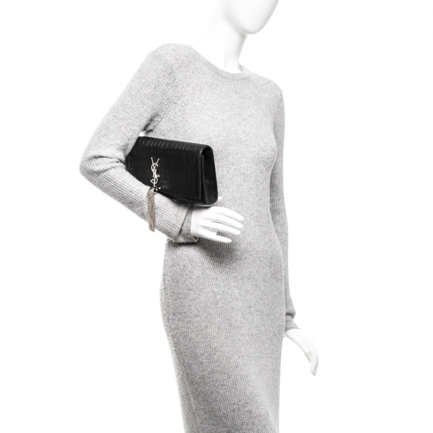 Saint Laurent Calfskin Crocodile Embossed Classic Monogram Tassel Clutch Black 2 of 6