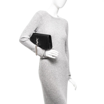 Saint Laurent Calfskin Crocodile Embossed Classic Monogram Tassel Clutch Black 2 of 6