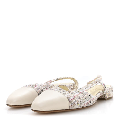 Chanel Tweed Cap Toe CC Slingback Flat 37 White 4 of 8