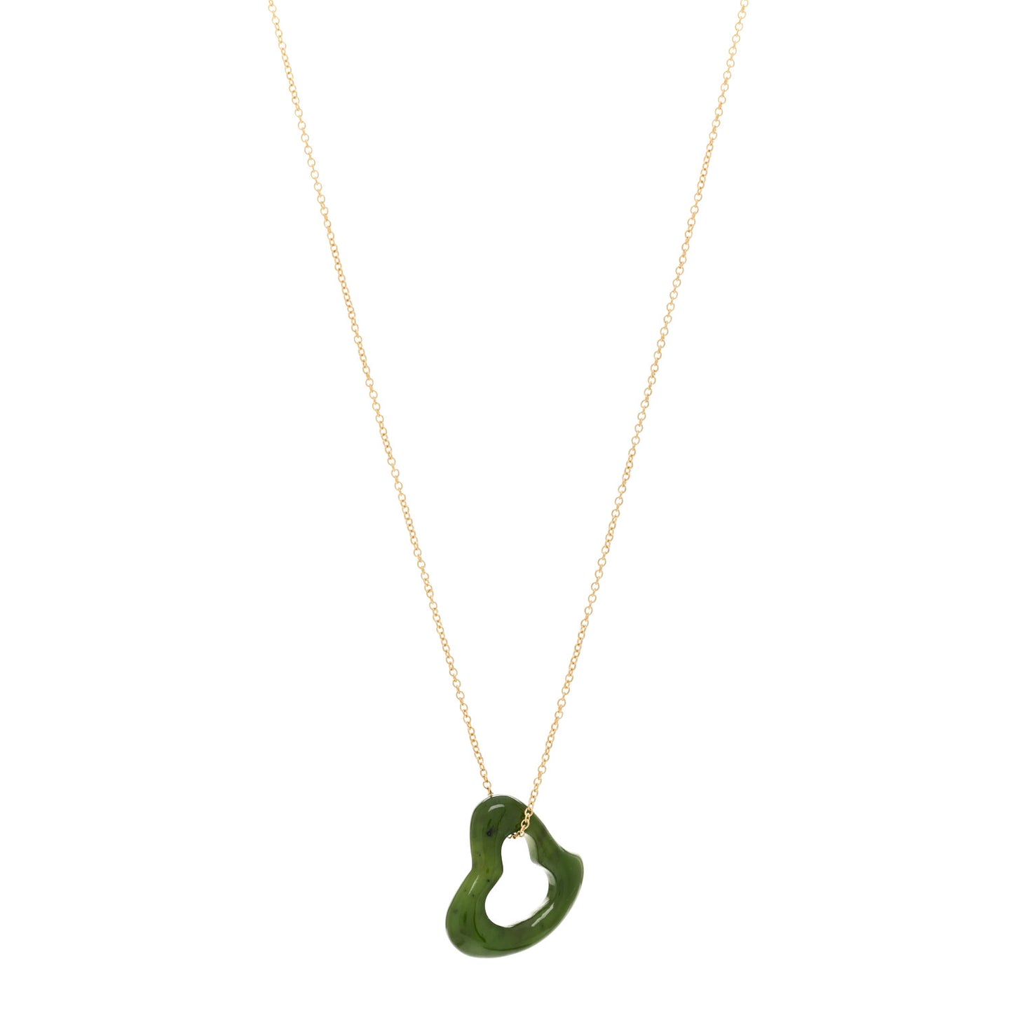 18K Yellow Gold Jade 23mm Elsa Peretti Open Heart Pendant Necklace