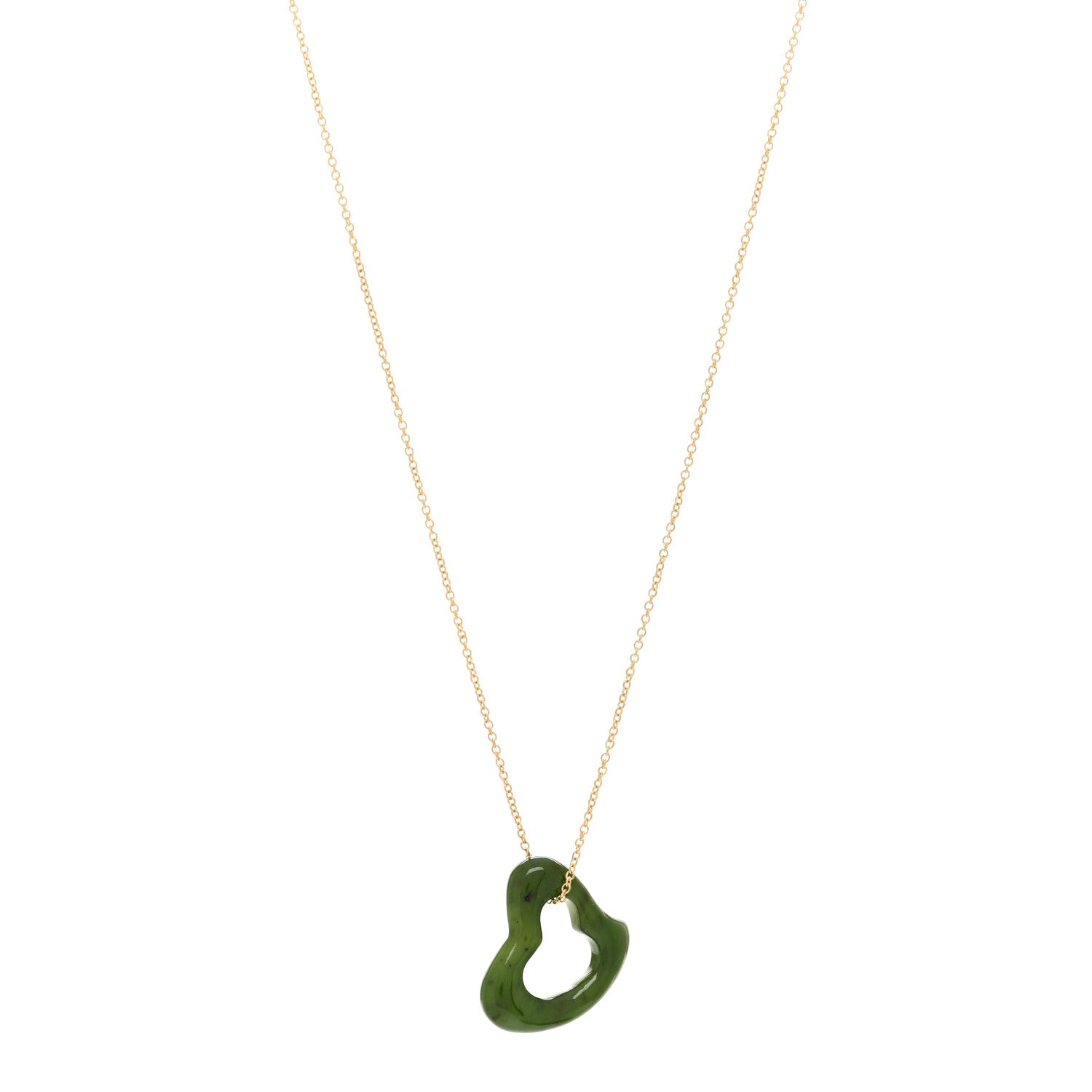 Tiffany 18K Yellow Gold Jade 23mm Elsa Peretti Open Heart Pendant Necklace 1 of 4