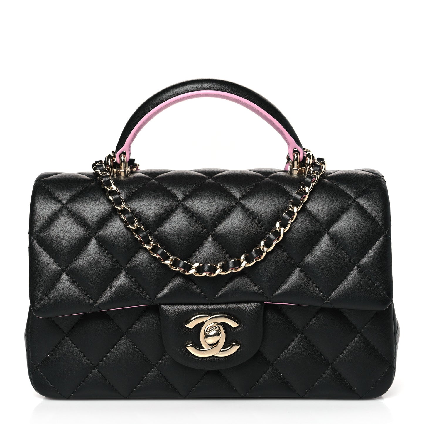 Lambskin Quilted Bi-Color Mini Top Handle Rectangular Flap Black Lilac