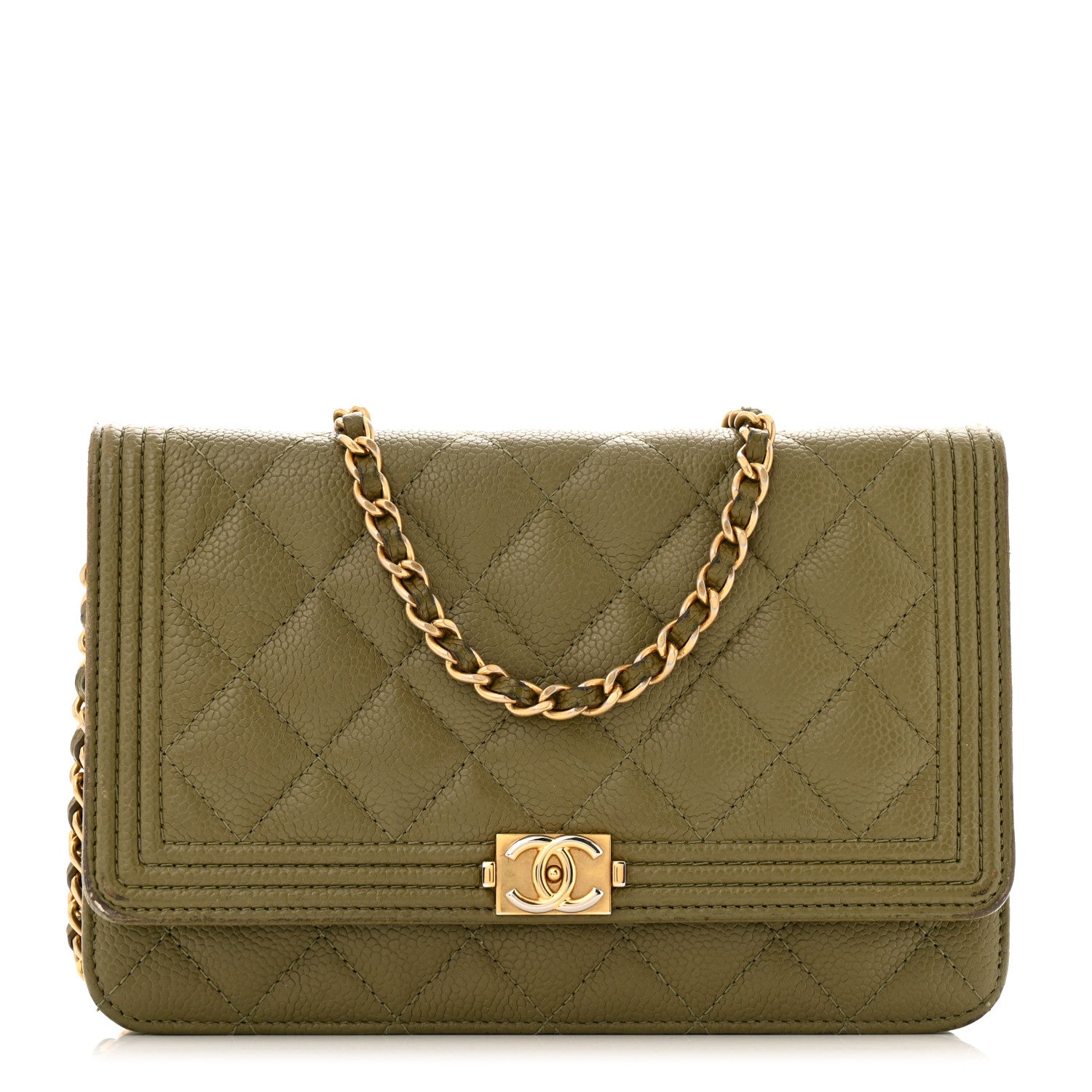 Chanel Caviar Quilted Boy Wallet On Chain WOC Khaki 1 of 14