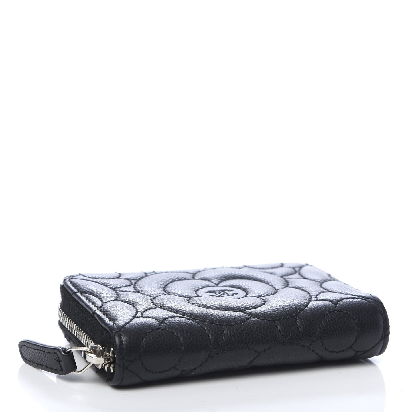 Caviar Camellia Embossed Zip Coin Purse Black