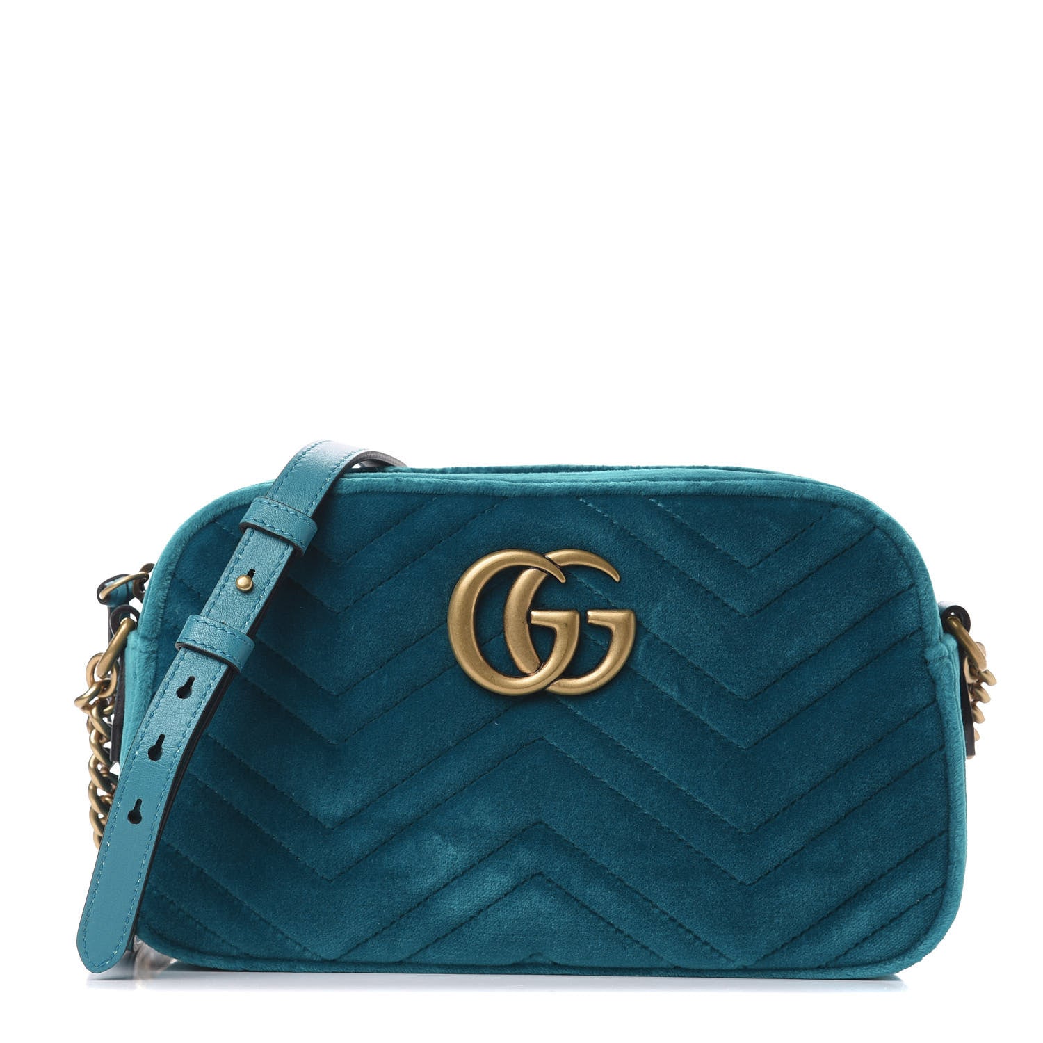 Gucci Velvet Matelasse Small GG Marmont Chain Shoulder Bag Pavone Cyan 1 of 10