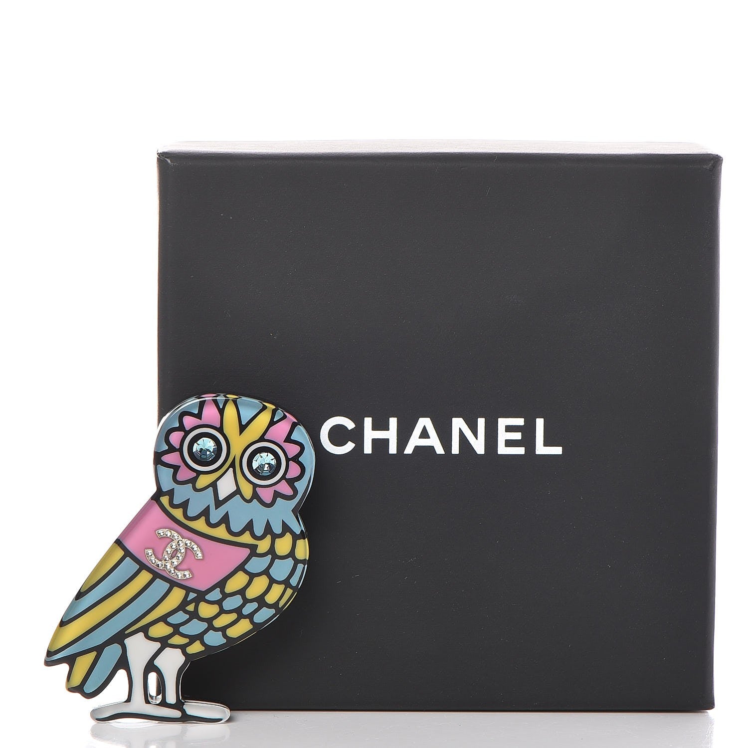 Chanel Resin Crystal Owl CC Brooch Blue Yellow Golden 4 of 5