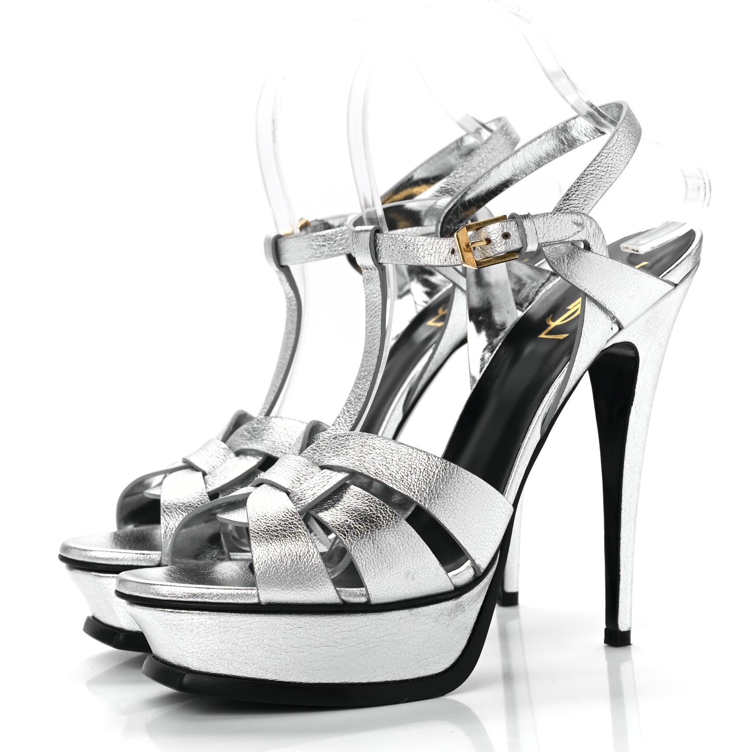 Saint Laurent Metallic Calfskin Tribute 105 Platform Sandals 40.5 Silver 3 of 7