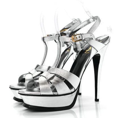 Saint Laurent Metallic Calfskin Tribute 105 Platform Sandals 40.5 Silver 3 of 7