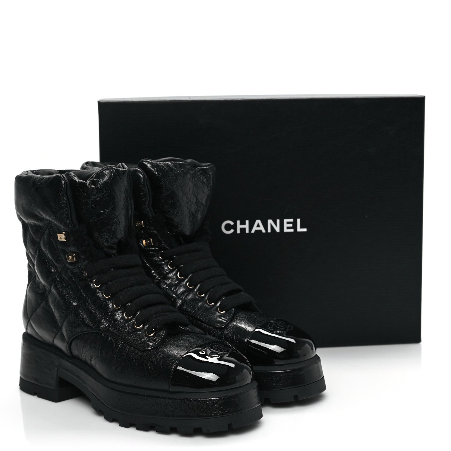 Chanel Crumpled Patent Lambskin Calfskin Quilted Lace Up Combat Boots 41.5 Black 9 of 9