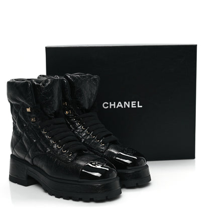 Chanel Crumpled Patent Lambskin Calfskin Quilted Lace Up Combat Boots 41.5 Black 9 of 9