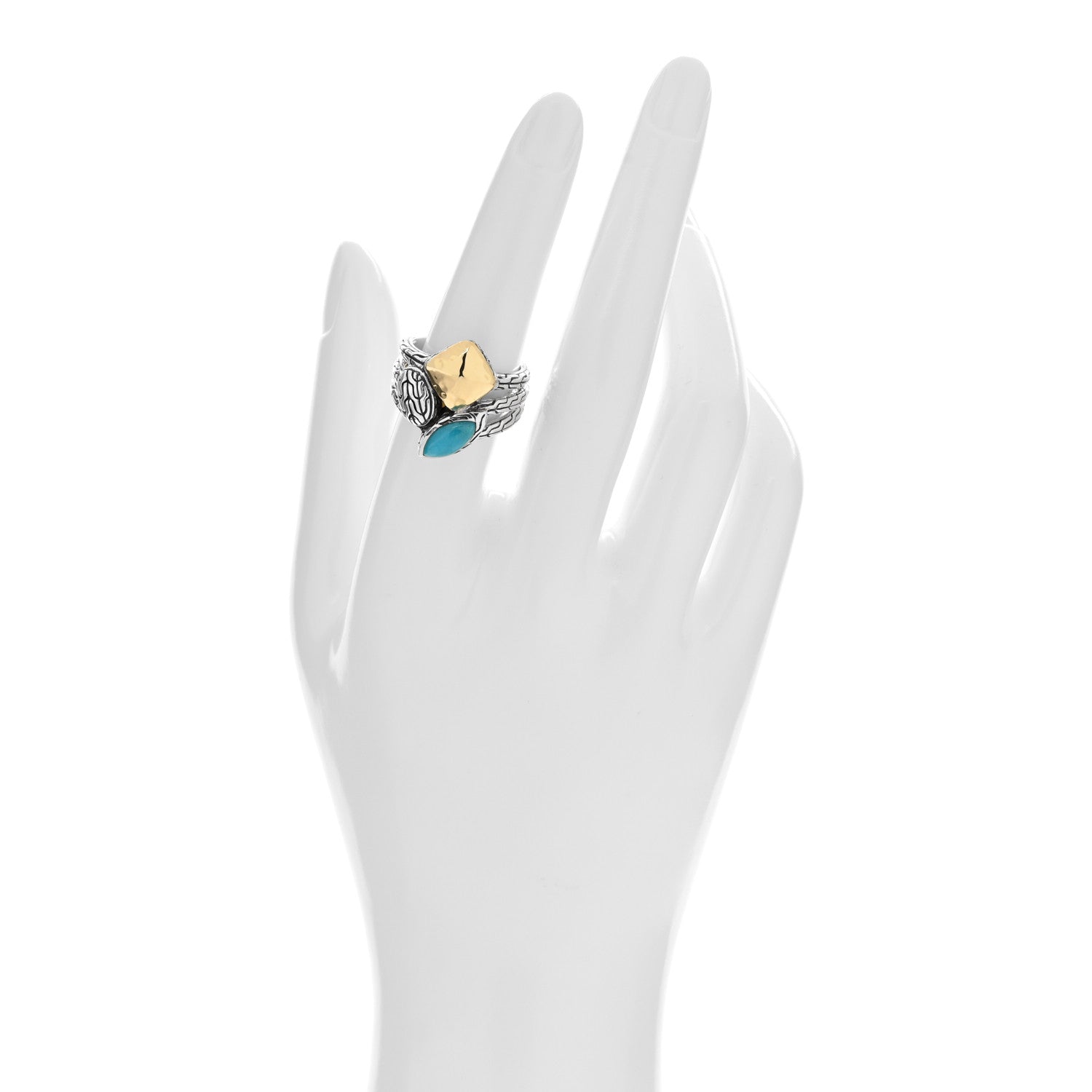 John Hardy Sterling Silver 18K Yellow Gold Turquoise Classic Chain Hammered Cluster Ring 54 7 2 of 4