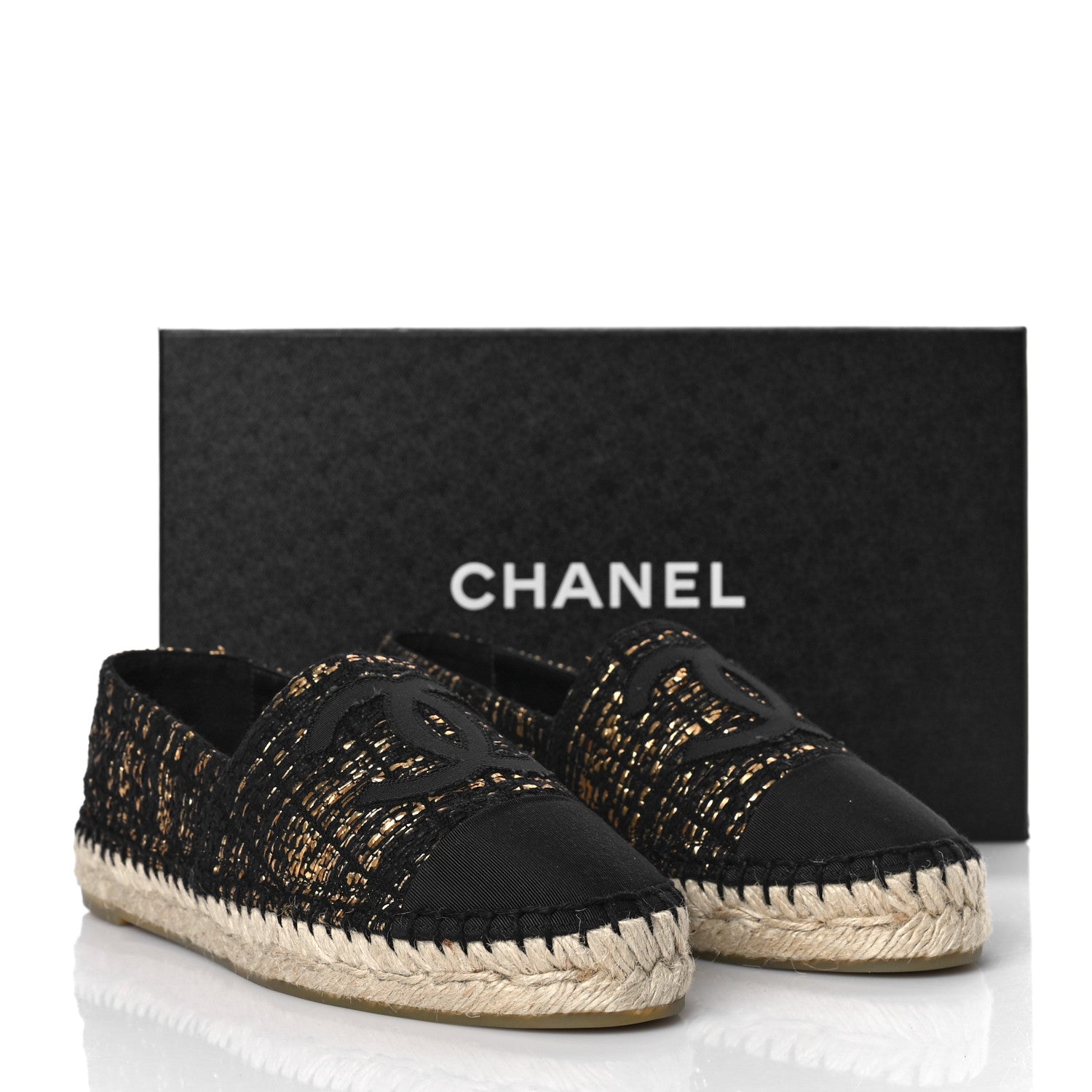 Chanel Metallic Tweed Grosgrain CC Espadrilles 37 Black Gold 10 of 10