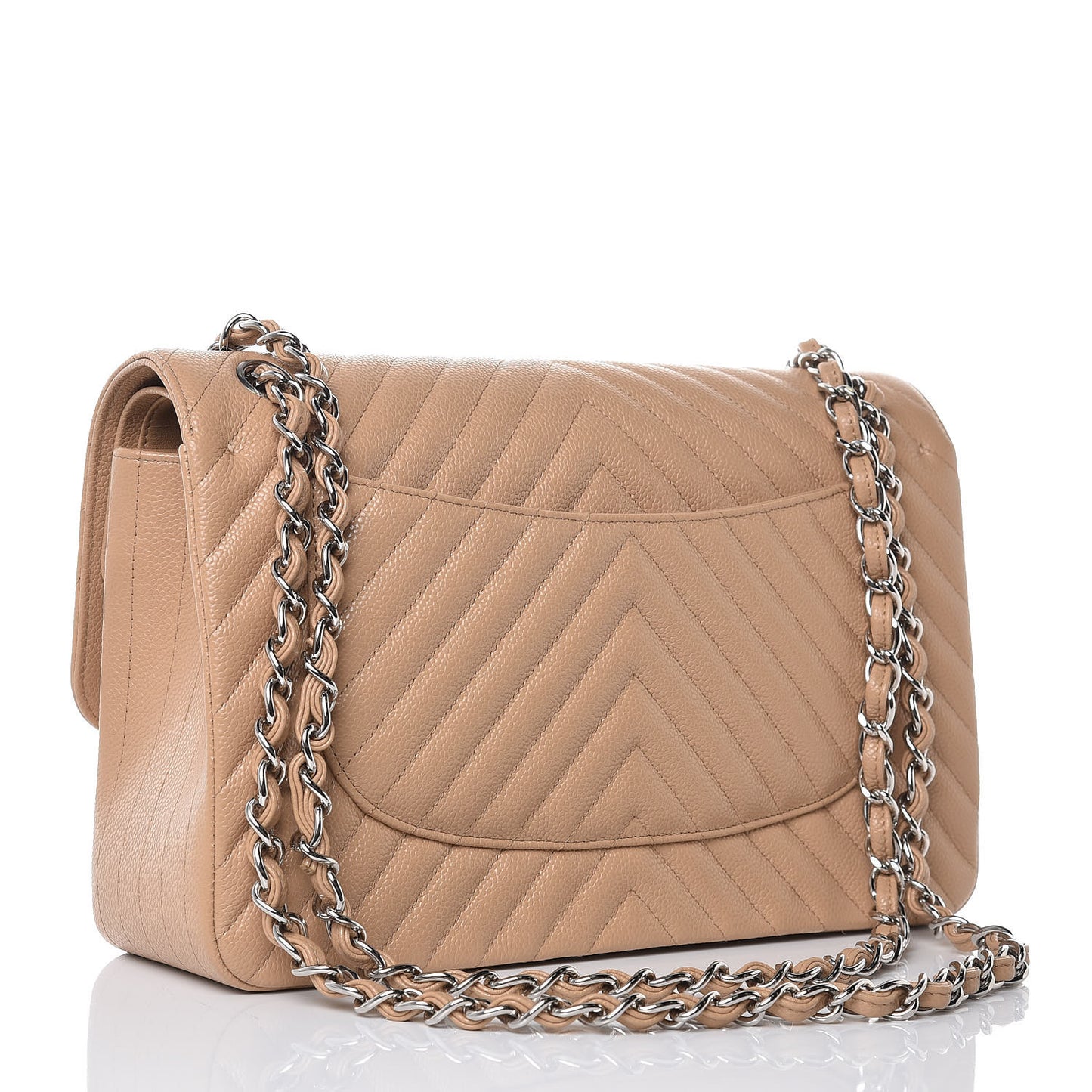 Caviar Chevron Quilted Jumbo Double Flap Beige