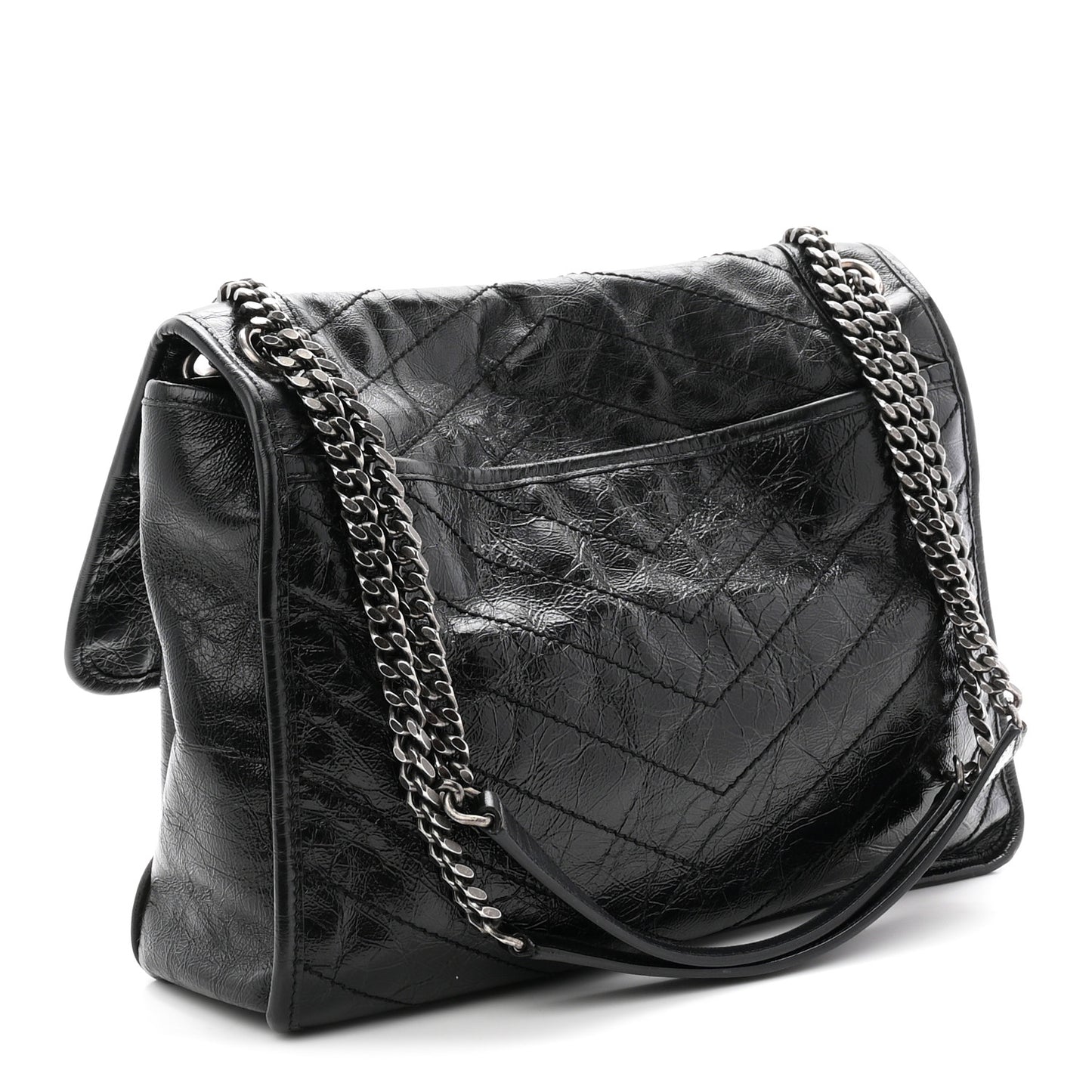 Crinkled Calfskin Matelasse Monogram Large Niki Chain Satchel Black