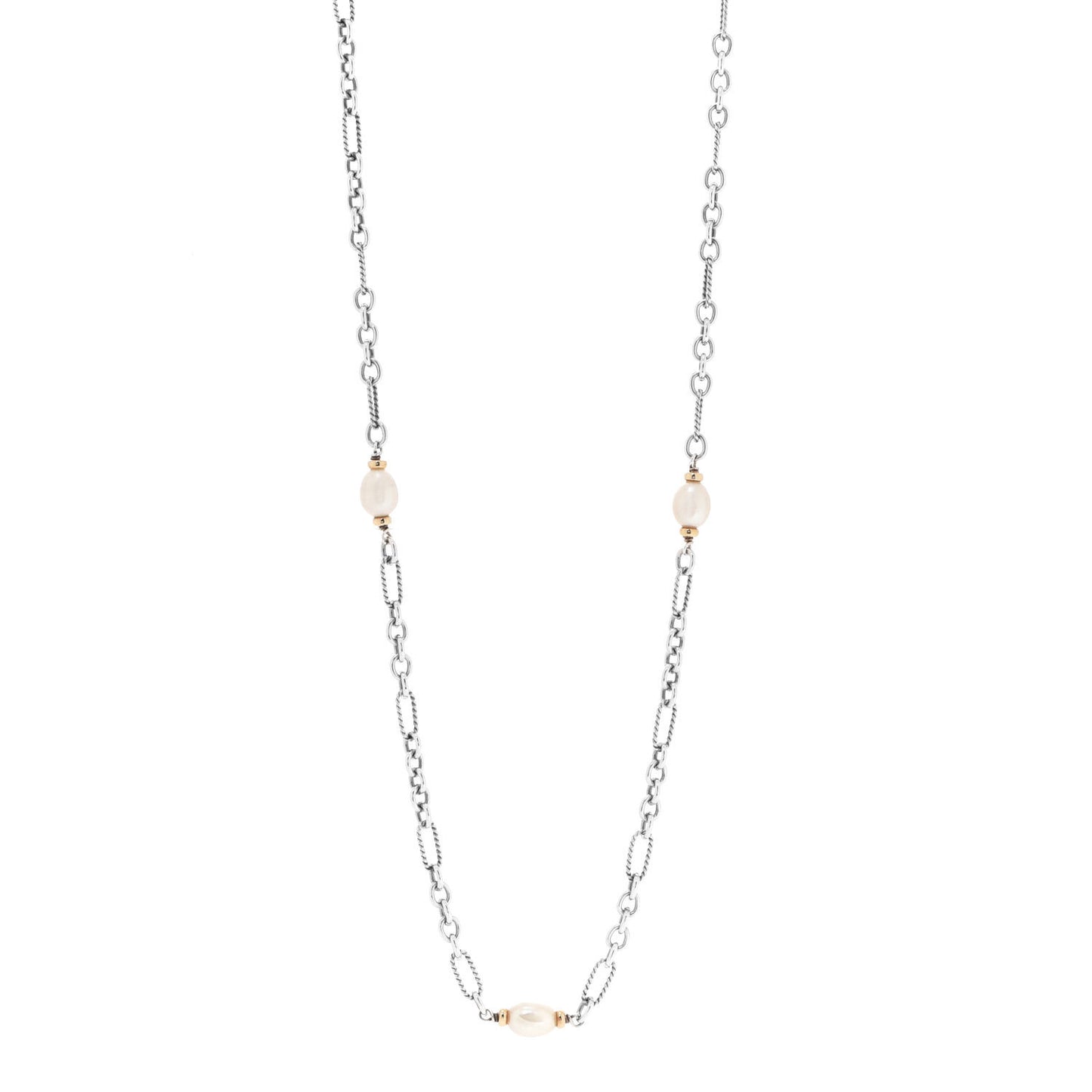 Sterling Silver 18K Yellow Gold Baroque Pearl Long Figaro Chain Necklace