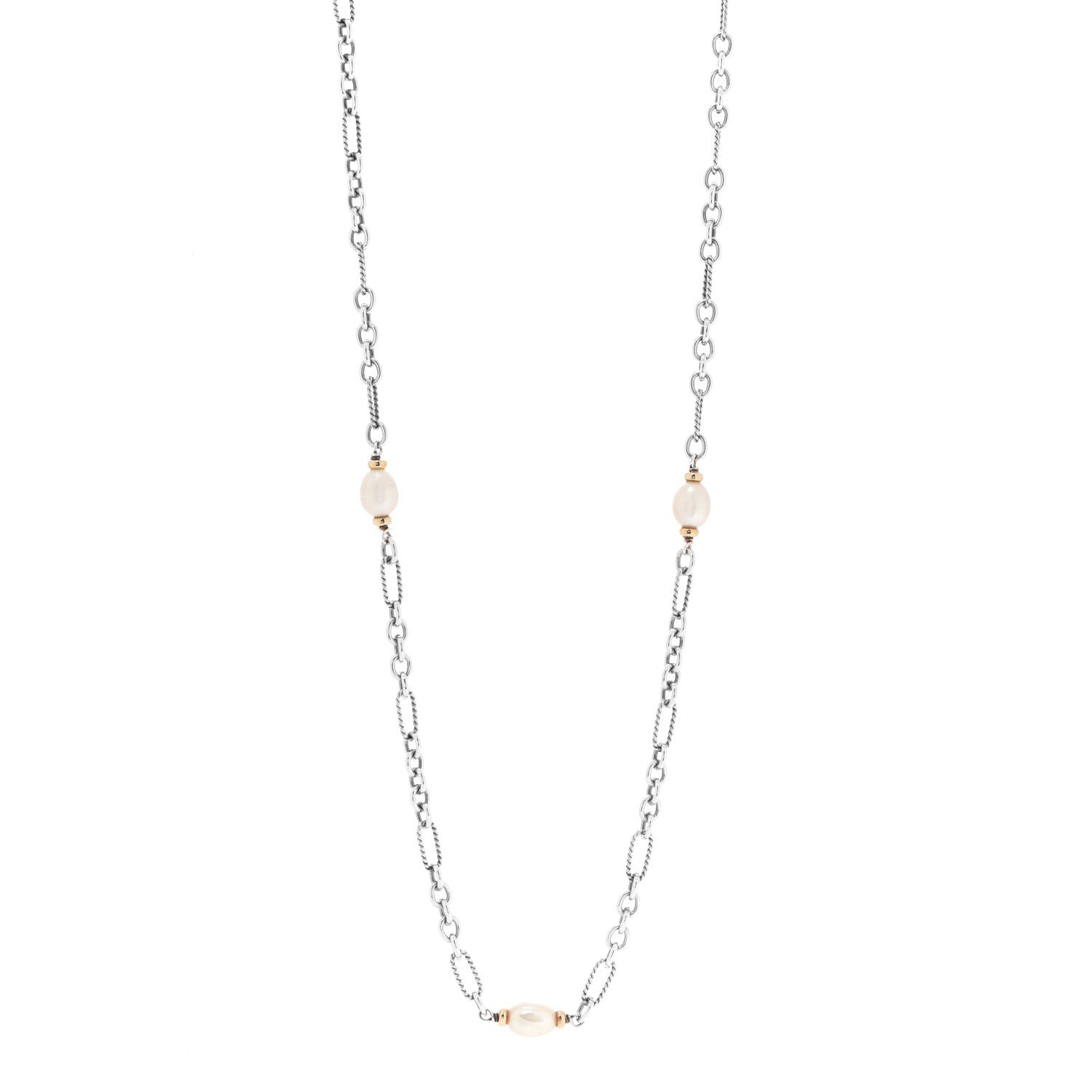 David Yurman Sterling Silver 18K Yellow Gold Baroque Pearl Long Figaro Chain Necklace 1 of 4