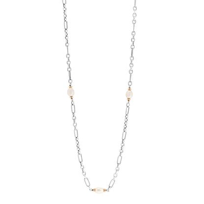 David Yurman Sterling Silver 18K Yellow Gold Baroque Pearl Long Figaro Chain Necklace 1 of 4