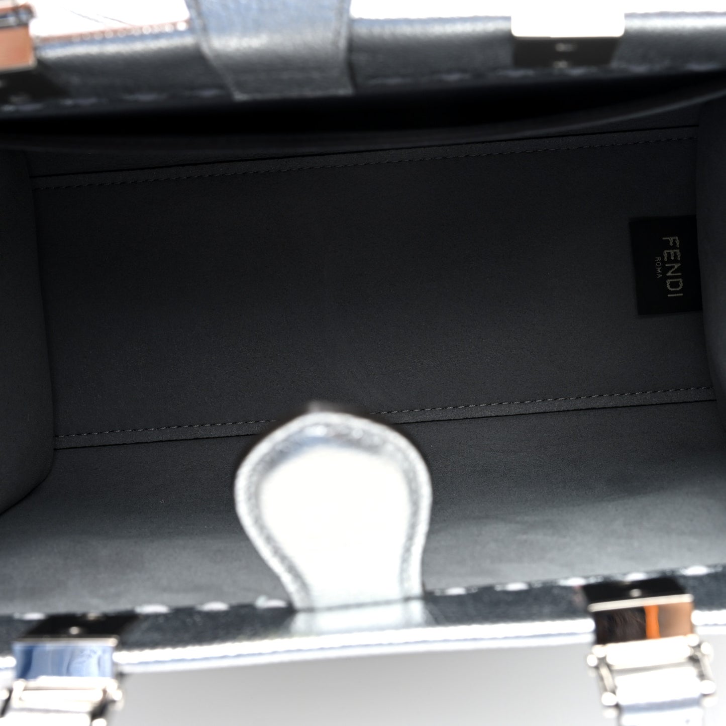 Metallic Calfskin Logo Embossed Small Fendi Sunshine Shopper Tote Argento